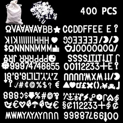 Immagine di CKANDAY Set di 400 caratteri, per bacheche in feltro, intercambiabili, altezza 1,9 cm, numeri, simboli e lettere inclusi, con sacchetto regalo, colore: bianco