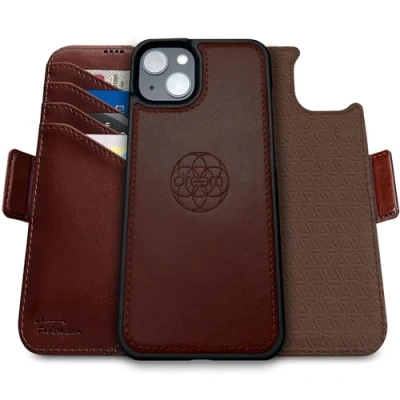 Immagine di dreem Fibonacci compatibile con iPhone 15 custodia a portafoglio/custodia antiurto 2 in 1 e folio pelle vegana staccabile, MagSafe, protezione RFID [Caffè]
