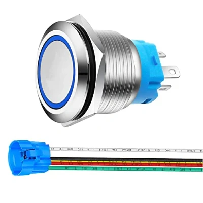 Immagine di Gebildet 22mm Pulsante Momentaneo in Acciaio Inossidabile, 12V 24V 5A LED 1NO1NC SPDT ON Off Bottone Impermeabile con Spina a Filo (LED Blu)