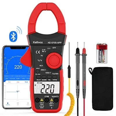Immagine di Bluetooth Pinza Amperometrica 1000A AC/DC, Kethvoz Digitale Multimetro Amperometro 6000 Conteggi Auto range Misura CA/CC Corrente Tensione Resistenza Capacità NCV Tester Elettrico, KE 570SAPP