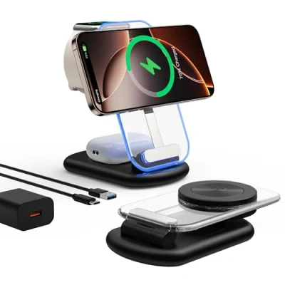Immagine di Caricatore Wireless Caricabatterie Magnetico 3 in 1 Ricarica Base Senza Fili Stazione Compatibile con iPhone 16/15/14/13/12 Pro Max Mini/Plus/XS/XR/X/SE,AirPods 2/3