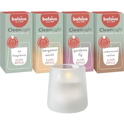 Immagine di Bolsius CleanLight Starter Set Candela profumata ricaricabile Supporto e 9 ricariche Fragranze multiple Bianco Tempo di combustione 20 ore Cera vegetale naturale