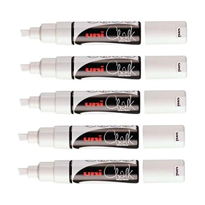 Immagine di Uni Ball Pennarelli a gesso Chalk Marker PWE 8K Multiuso, resistente alla pioggia, ideale per vetro specchiato, lavagna, punta larga smussata, 8 mm, confezione da 5, colore: bianco