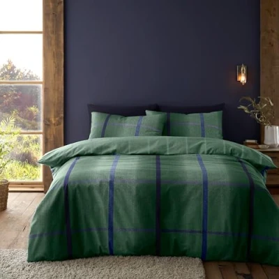 Immagine di Catherine Lansfield Set copripiumino matrimoniale reversibile in cotone tweed melrose spazzolato con federe, verde