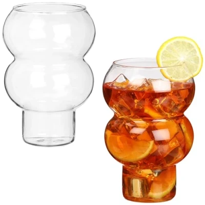 Immagine di BELLE VOUS Set 2 Bicchieri di Bolla 500ml Design a Costine e Ondulato per Acqua, Cocktail, Whisky, Birra, Bubble Tea Creativi Cannucce Vetro Incluse