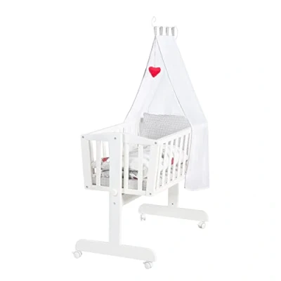 Immagine di roba Set culla completo Adam e Eule 40 x 90 cm con Cuscino, Coperta, Materassino Giostrina Funzione Dondolo di Blocco Attrezzatura Inclusa Legno Laccato Bianco