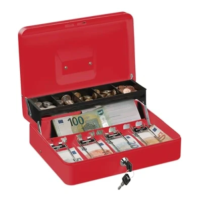 Immagine di Relaxdays Porta Cassetta di Sicurezza per Soldi, con Scomparto Monete e 4 Vani Banconote, 8,5x30,5x24,5 cm, Rosso, Ferro