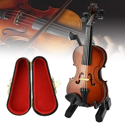 Immagine di CODIRATO Mini Violino Modello Esposizione di in Legno con Supporto per Arco e Astuccio Decorazioni Musicali Strumenti Miniatura 8 cm * 3 (Bronzo)