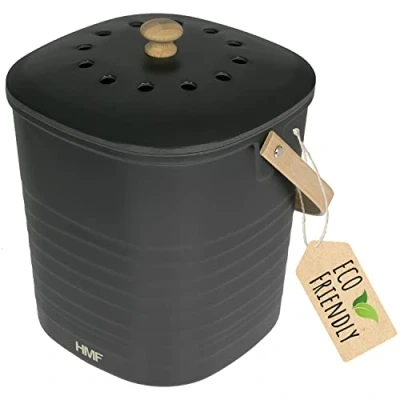 Immagine di HMF Secchio per rifiuti biologici sostenibile, da cucina, inodore, con coperchio, 6 litri, nero