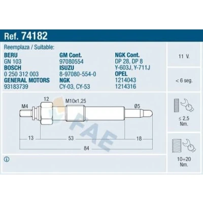 Immagine di FAE 74182 Candeletta 11V M 10x1.25 OPEL: Corsa B Hatchback, Astra F Caravan