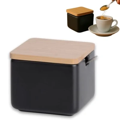Immagine di KOOK TIME Zuccheriera Formaggiera quadrato in Ceramica con Coperchio Legno di bambù e cucchiaino da Zucchero Acciaio Inossidabile, per Casa Cucina, sirve Zucchero, Formaggio, spezie (Nero)