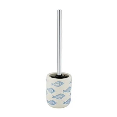 Immagine di Wenko Set WC Aquamarin, pregiato portascopino in raffinata Ceramica di Colore Bianco Opaco con scenari marittimi Blu, Dipinto a Mano, scopino igienico, Ø 10 x 40 cm
