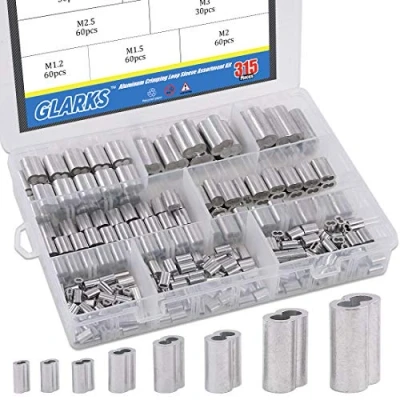 Immagine di Glarks 315 pezzi 8 misure in alluminio per crimpatura manicotti a doppio barilotto fune metallica e kit assortimento di terminali M1.2 M6