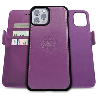 Immagine di dreem Fibonacci compatibile con iPhone 13 Pro custodia a portafoglio/custodia antiurto 2 in 1 e folio pelle vegana staccabile, MagSafe, protezione RFID [Viola]