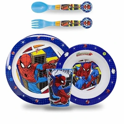 Immagine di Sorrisini Set Stoviglie Bambini Piatti per asilo, scoula Pappa Bimbo piatto, ciotola, posate, bicchiere Svezzamento Prima in plastica dura riutilizzabile Spiderman