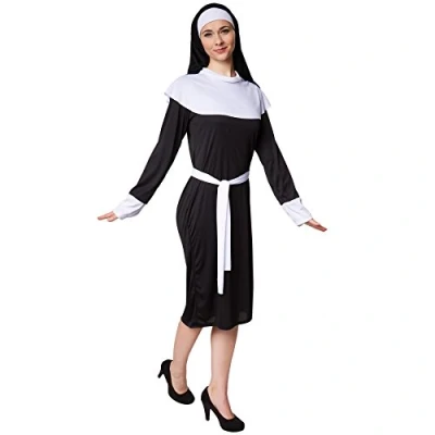 Immagine di TecTake dressforfun Costume da Donna Suora Lungo Abito in Jersey Elasticizzato incl. Copricapo e Cintura Allacciare Vita (M No. 300359)