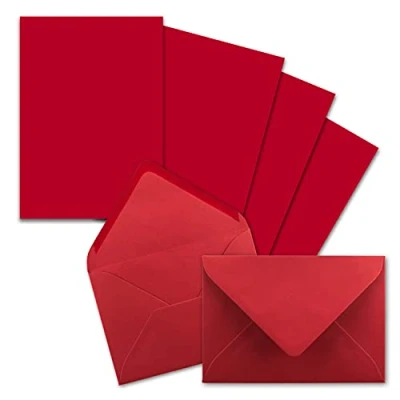 Immagine di FarbenFroh by Gustav Neuser Set di 25 fogli carta da lettere opaca, formato DIN A5, con buste in C6, incollaggio a umido (rosso), colore rosa rosso