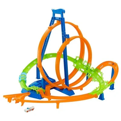 Immagine di Hot Wheels Mega Loop Scontri Epici, playset Pista con 5 Zone di scontro, Booster motorizzato e 1 macchinina Scala 1:64 Inclusa, Giocattolo per Bambini, 5+ Anni, HTP55