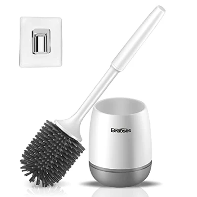 Immagine di Braoses Scopino per WC con supporto, montaggio a parete e set di scopini in silicone da appoggio ad asciugatura rapida il bagno o degli ospiti (bianco grigio)
