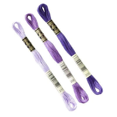 Immagine di DMC Set di 3 matasse assortite viola colletto. 211 208 333, filo da ricamo mulinato 117MC, 100% cotone, adatto a tutte le tecniche e supporti, ideale per punto croce