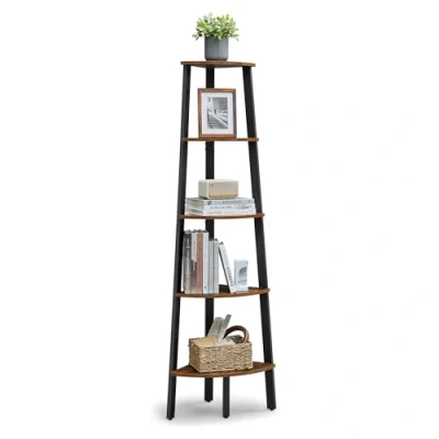 Immagine di VASAGLE Mensola angolare a 5 Livelli, libreria Scala, Mobile per Soggiorno, Stile Industriale, con Telaio in Acciaio, Marrone Rustico e Nero LLS35X
