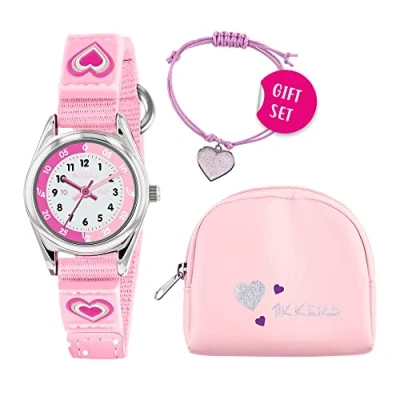 Immagine di Tikkers Set di orologio e bracciale in tela con cinturino a strappo, per ragazze, colore: rosa, casual