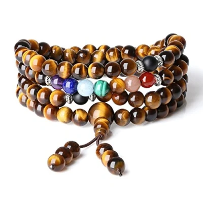 Immagine di COAI Bracciale Collana 108 Perle Mala in Occhio di Tigre e Pietre Sette Chakra, Buddhista Unisex