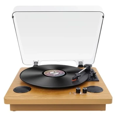 Immagine di VIFLYKOO Bluetooth Vintage Vinile Giradischi 3 Velocità 33/45/78 RPM con 2 Altoparlanti Integrati e Encoder Digitale, Trasmissione a Cinghia, RCA/AUX/Cuffia/LP Legno Naturale