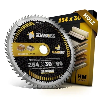 Immagine di AMBOSS WERKZEUGE® Lama per sega circolare 254 x 30 Z60, denti alternati legno, taglio fine, mm, compatibile con Bosch GTS 10. PTS 100 T.GTS Woodster ST110 Triton TWX7CS001