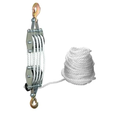 Immagine di QWORK® Puleggia per paranco a Fune 2000 kg Acciaio zincato 8 pulegge Sollevamento 2,4 m in nylon resistente da 20
