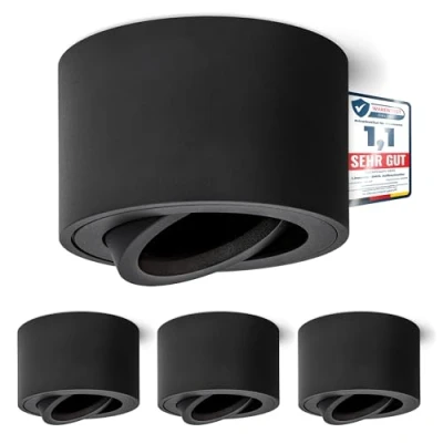 Immagine di Linovum SMOL Set di 4 faretti extra piatti, orientabili, colore nero opaco, rotondi, lampade da installazione sopra intonaco, diametro 80 mm, per moduli LED