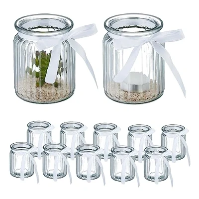 Immagine di Relaxdays Vasetti Portacandele, Set 12, Vasi in Vetro per Candele e Lumini, Bicchierini con Fiocco Bianco, Trasparente, 80% 20% Poliestere