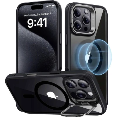 Immagine di ESR Classic Hybrid HaloLock Case + Stash Stand Backcover per cellulare Apple iPhone 16 Pro Trasparente, Nero Compatibile con MagSafe