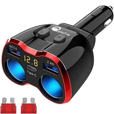 Immagine di Sdoppiatore accendisigari QC 3.0, Adattatore per caricabatteria da Auto USB C 2 Presa Tipo Multipla 12V/24V 80W DC con Interruttore voltmetro LED Doppia Porta iPhone GPS Dashcam