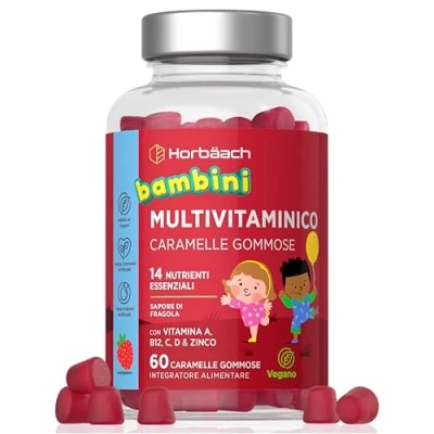 Immagine di Multivitaminico Bambini Caramelle Gommose 60 Gummies 14 nutrienti essenziali con vitamina A, B12, C, D e zinco Kids Multivitamin by Horbaach