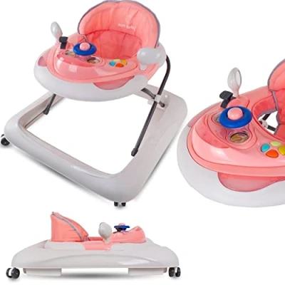 Immagine di Sun Baby Girello per Bambini, Primi Passi con pulsanti, volante, specchietti, ruote in gomma, regolabile altezza (Rosa)