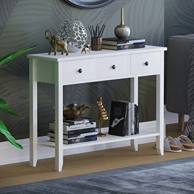 Immagine di Vida Designs Console da Tavolo Windsor con 3 Cassetti, in Legno Bianco, 74 x 100 30 cm