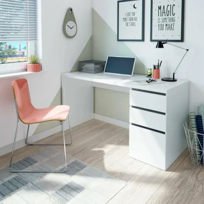 Immagine di Dmora Scrivania Reedsport, Scrittoio Reversibile con 3 cassetti, Tavolo Ufficio salvaspazio Multiposizione, 138x60h74 cm, Bianco, 15mm, Pannello melaminico 22mm