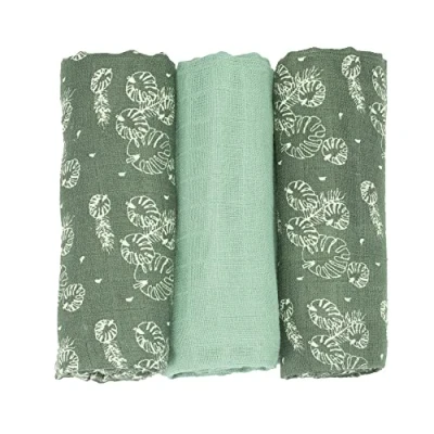 Immagine di Trois Kilos Sept Set di 3 mussole per neonato Quadri in chiffon cotone 70x70cm Multiuso: coperta, peluche, bavaglino, protezione solare Certificato Oeko tex Design a foglie verdi