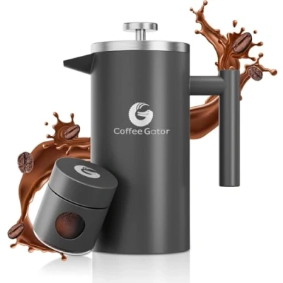 Immagine di Coffee Gator Caffettiera Francese caffè caldo piu&#039; a lungo Doppia parete Acciaio inox isolato Piccolo contenitore per 1 litro Gris