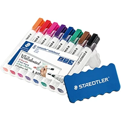 Immagine di Staedtler Lumocolor 351 WP8 Pennarelli per lavagna bianca, punta tonda, larghezza del tratto di circa 2 mm, 8 colori (1 confezione con tergicristallo)