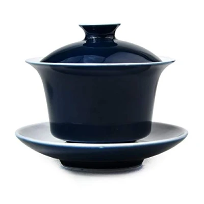 Immagine di Liang baobao Set di tazze da tè in porcellana Gaiwan 150 ml, smaltate bianche, con coperchio e piattino cinese (blu)