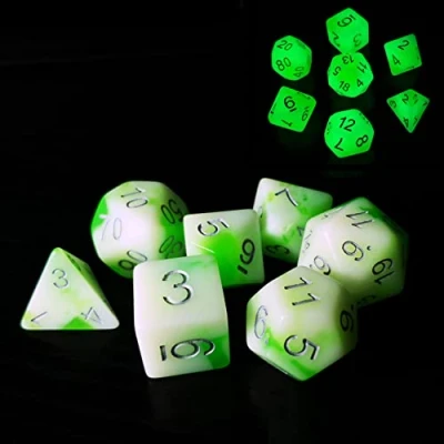 Immagine di Bescon Glowing Polyhedral RPG Dice Set Luminous Jade, Glow in Dark Poly of 7, DND Role Playing Game