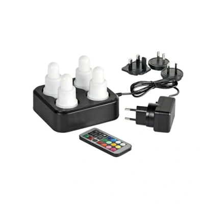 Immagine di ReWu Duni Set LED da 4 pezzi, bianco caldo e multicolore, ricaricabile, con stazione di ricarica telecomando, illuminazione a LED, candele alternative