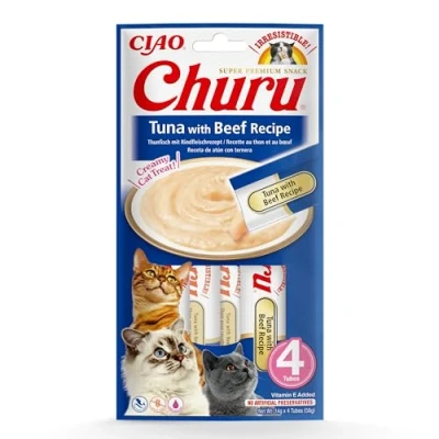 Immagine di INABA Churu Snack per Gatti Cremoso con Tonno e Manzo 1 Pack (4 Stick x 14gr) Cibo da Leccare, Sano Delizioso Gatto Senza Conservanti o Coloranti Artificiali, Grain Free