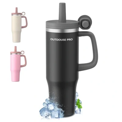Immagine di OUTDOUSE PRO 1200ml Tazza Termica con Cannuccia, Borraccia Manico, 1.2L Tazze Isolate, per Auto in Acciaio Inox a Doppia Parete Bevande Calde, Fredde Acqua, Caffè, Nero