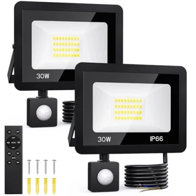 Immagine di FGRYB 30W Faretto Led da Esterno con Sensore di Movimento, 2 Pezzi 3000 LM Lampada Freddo Superbright Luce Esternacon, IP65 Impermeabile Faretti Illuminazione per Cortile, Garaga