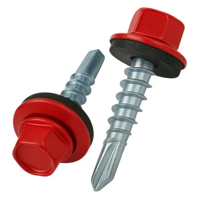 Immagine di 4.8 mm x 35 viti per tetti, testa esagonale autoperforanti colorate (RAL 3003 Rosso rubino) tetti con rondella di tenuta in EPDM, temprate zincate antiruggine (50 pezzi)
