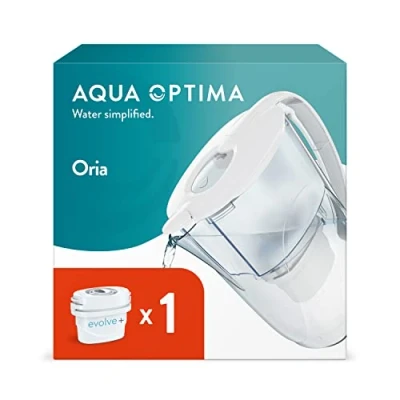Immagine di Aqua Optima Oria Caraffa filtrante per acqua, 1 cartuccia Evolve+, capacità 2,8 l, ridurre microplastiche, cloro, calcare e impurità, colore: bianco [Classe di efficienza energetica A]