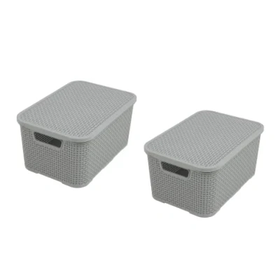 Immagine di BranQ Home essential Basket with Lid in Rattan Design Set of 2 Size M 10 L BPA Free Plastic PP Light Grey 28.8 x 19.7 16.2 cm Pack
